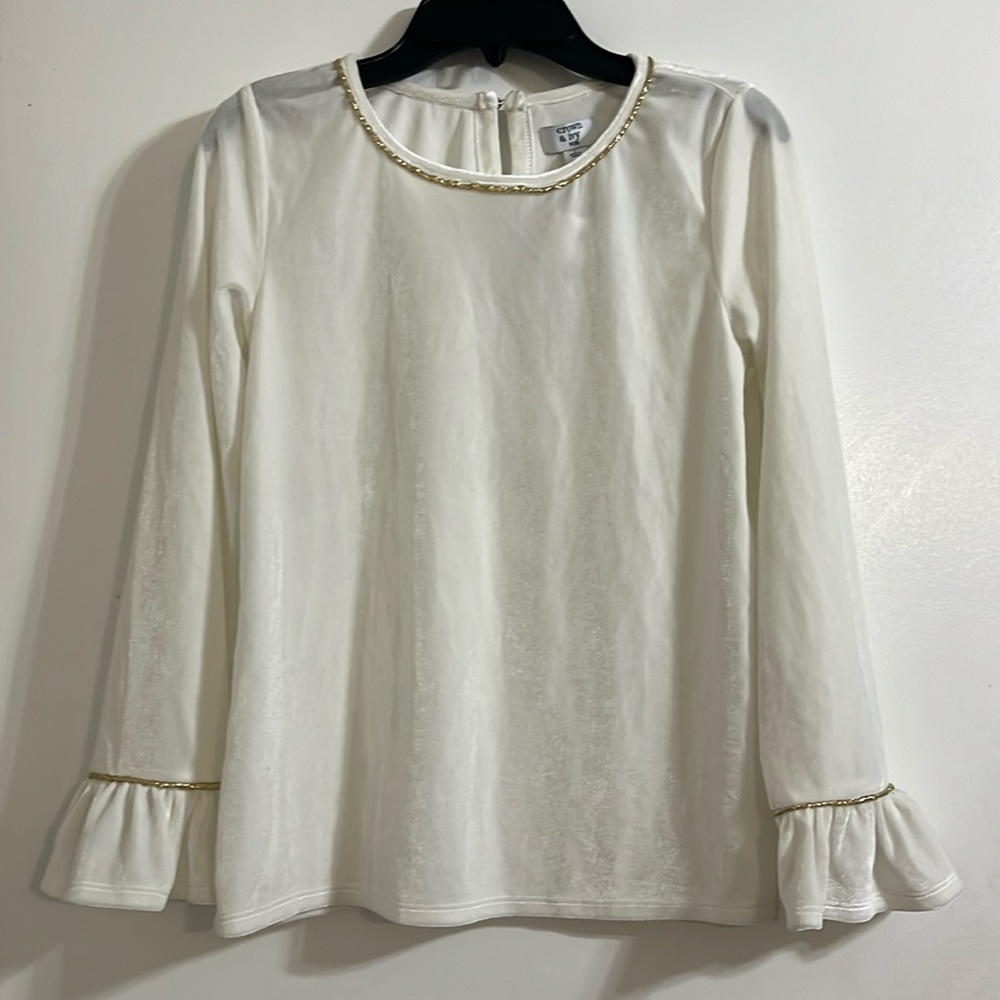 Crown & Ivy Kids Top Size L Velour look Ivory with gold trim collar and sleeves